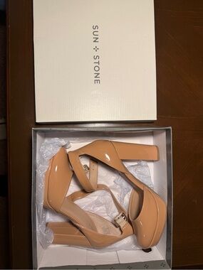Sun + Stone Nude Patent Platform Block Heels